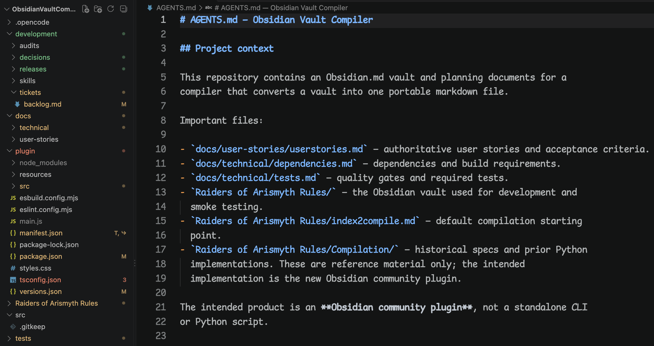 a screenshot of VS Code showing the AGENTS.md for an Obsidian Vault Compiler