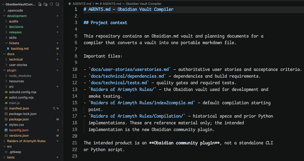 a screenshot of VS Code showing the AGENTS.md for an Obsidian Vault Compiler